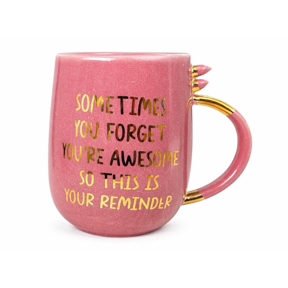 Hendson Pink Mug “Sometimes You Forget You’re Awesome” Gold Handle Gift